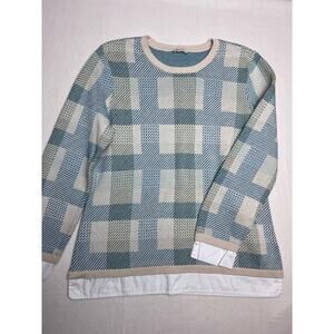 Talbots Crew Neck Shirt Tail Sweater Faux Cuffs Off White/Blue Cotton Size Med